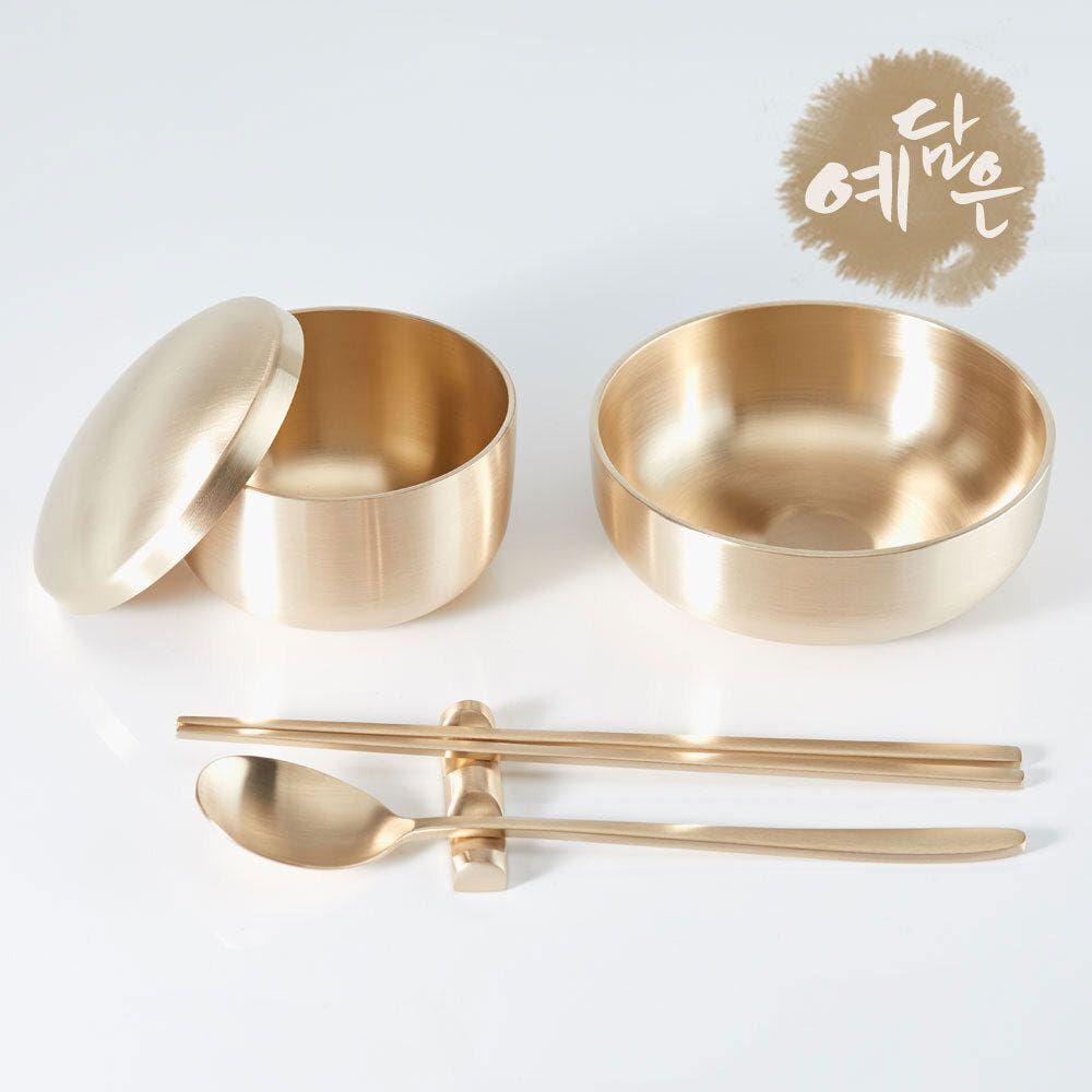 YEDAMUN Premium Bangjja Bronze Korean Tableware Set for One – Handmade Traditional Yugi Brass Rice Bowl Soup Bowl Spoon Chopsticks | Korean Traditional Golden Cutlery Dinnerware _ Made in KOREA